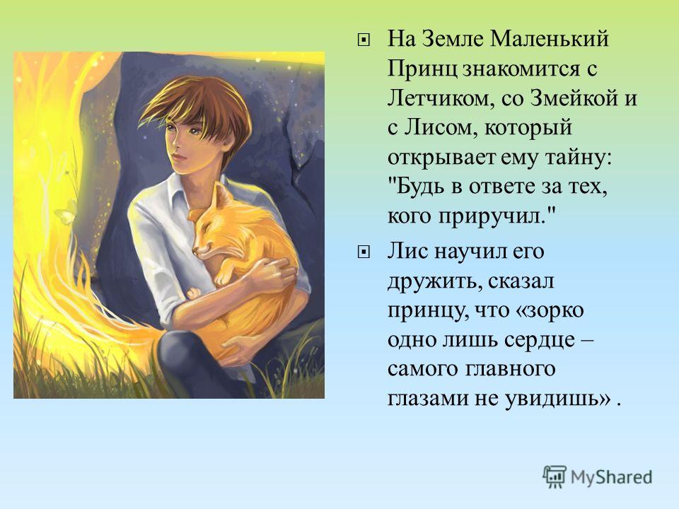 Лётчик встретил мальчика, путешествующего среди звёзд, и они подружились Мальчик рассказал лётчику о своём путешествии и о родной планете, а потом вернулся домой, где его ждала любимая роза